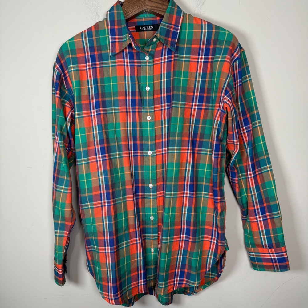 Lauren Ralph Lauren Vibrant Plaid Cotton Twill Button Down Shirt Medium